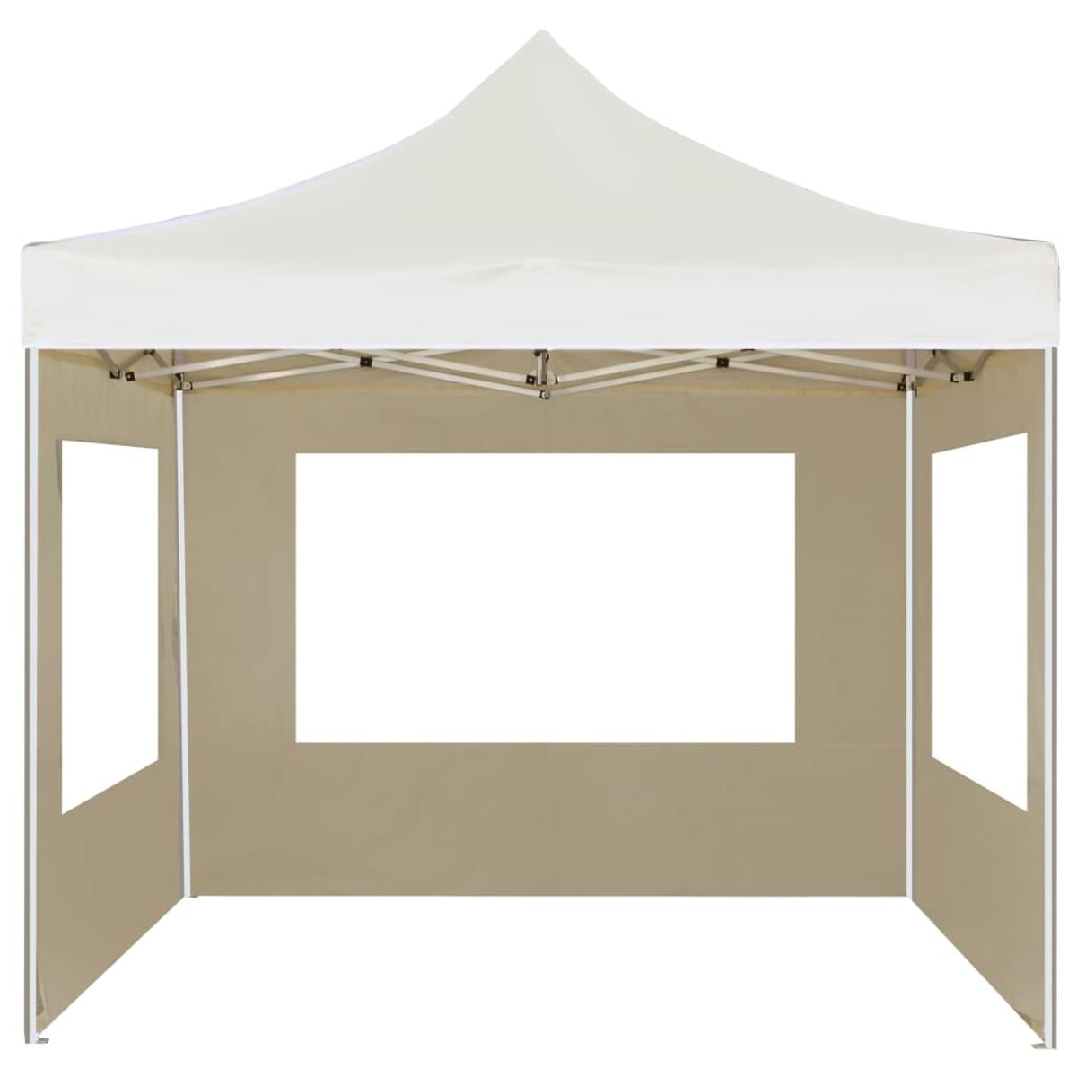Beige Zelt mit weißem Rahmen und Fenstern, isoliert auf weißem Hintergrund. Vorderansicht.
