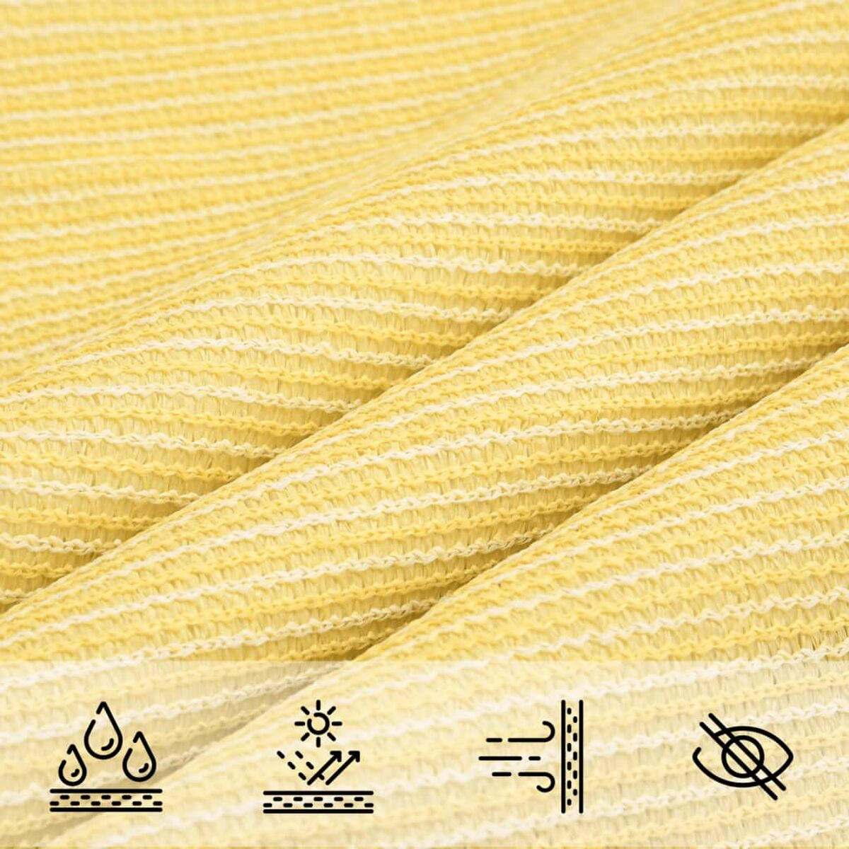 Nahaufnahme von gelbem Sonnensegelmaterial mit Symbolen für Wasser, Sonne, Wind und Sicht.
