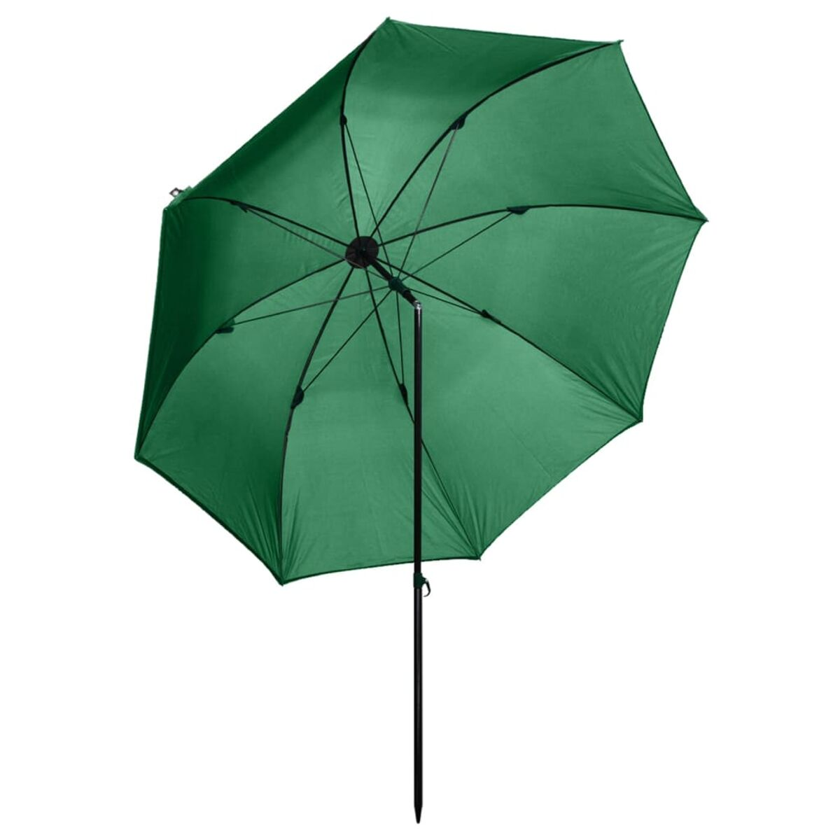 Grüner Regenschirm, ausgeklappt. Schwarzer Mast und Rippen, weißer Hintergrund.