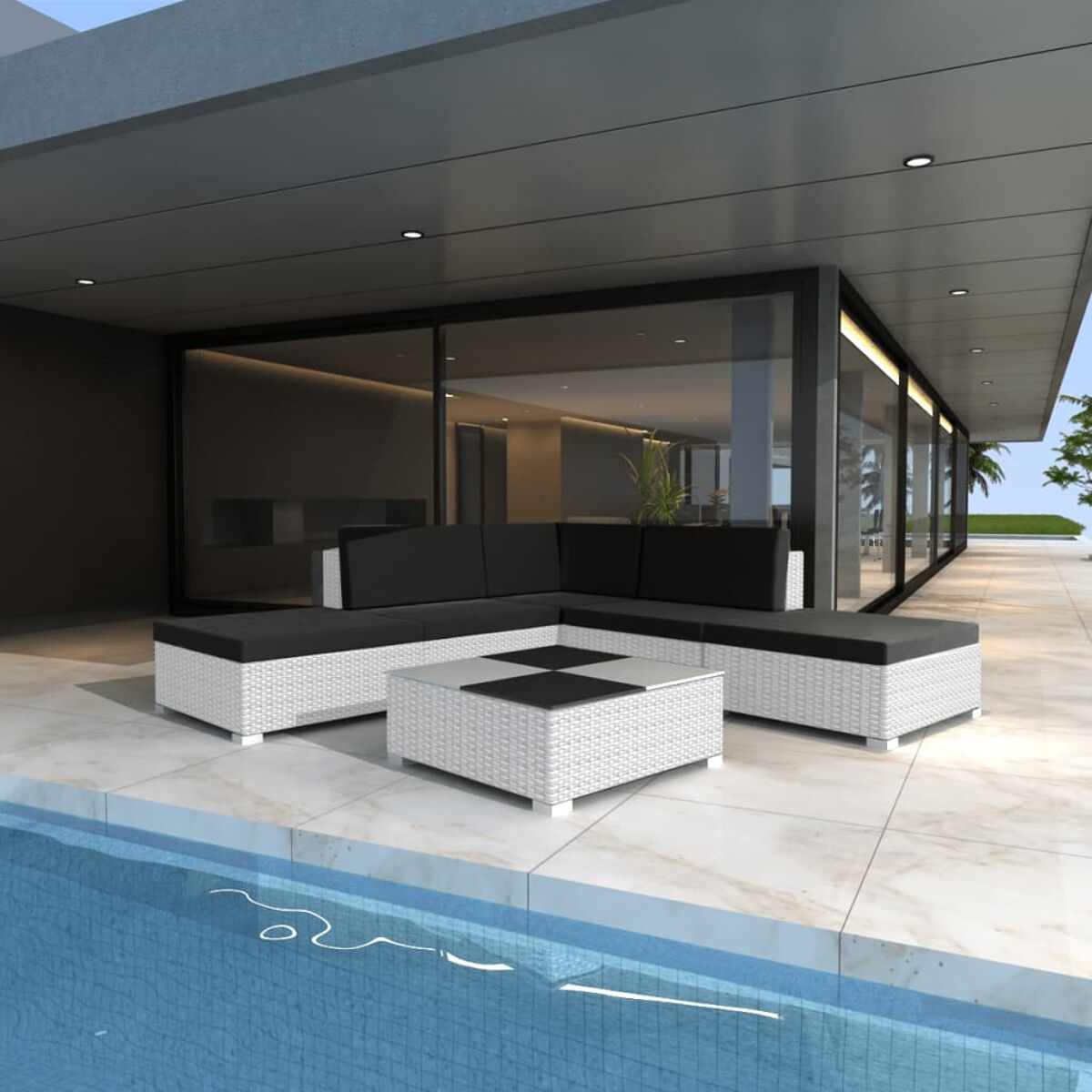 Szene im Freien: weißes Ecksofa, weißer Tisch und Pool, modernes Design.