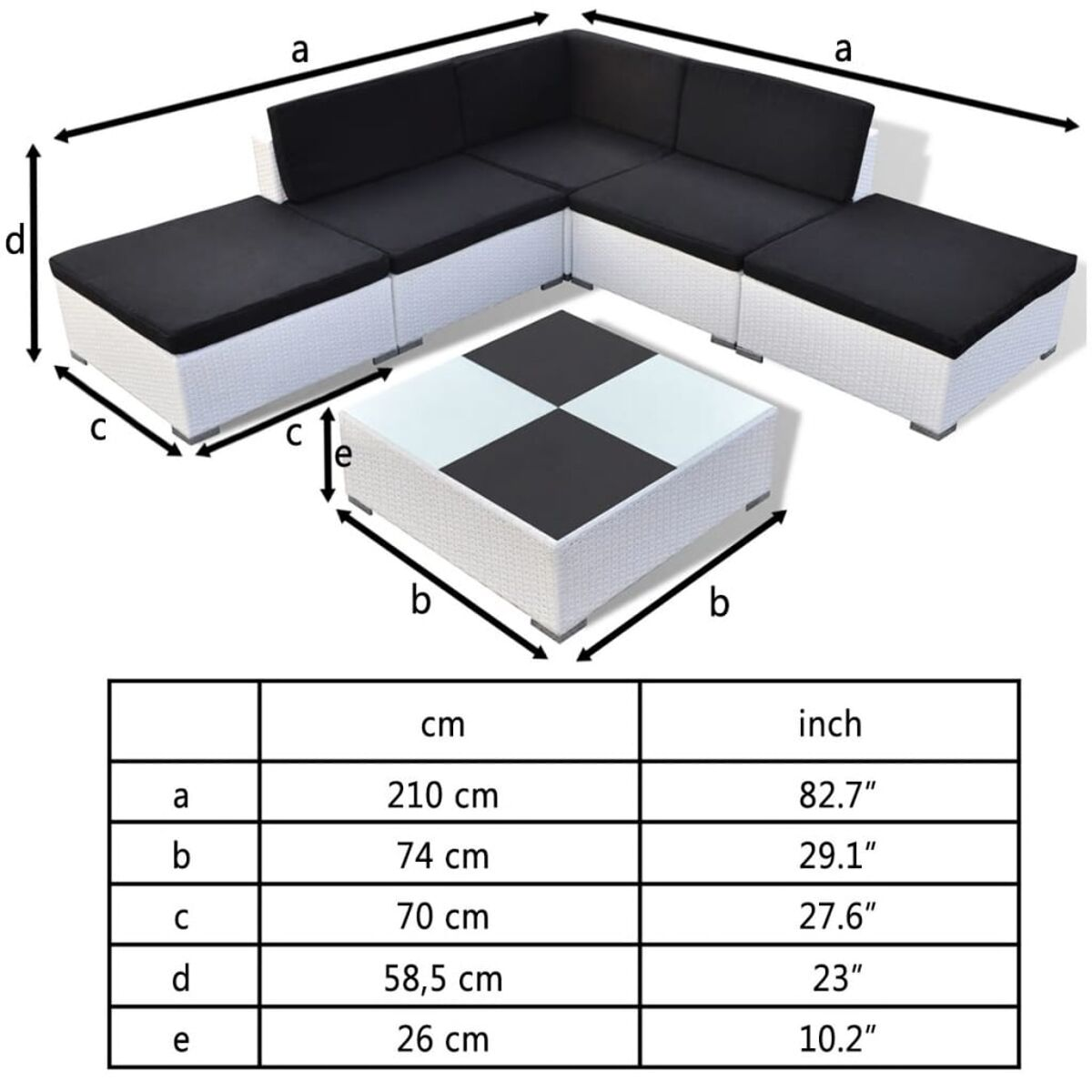 Weißes und schwarzes Outdoor-Ecksofa mit weißem Couchtisch mit Maßen in cm und Zoll.