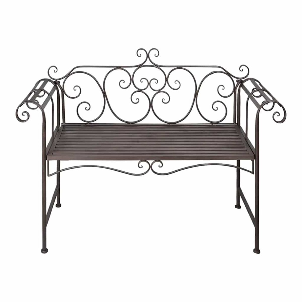 Braune Metall-Gartenbank mit Schnörkel-Design auf weißem Hintergrund.