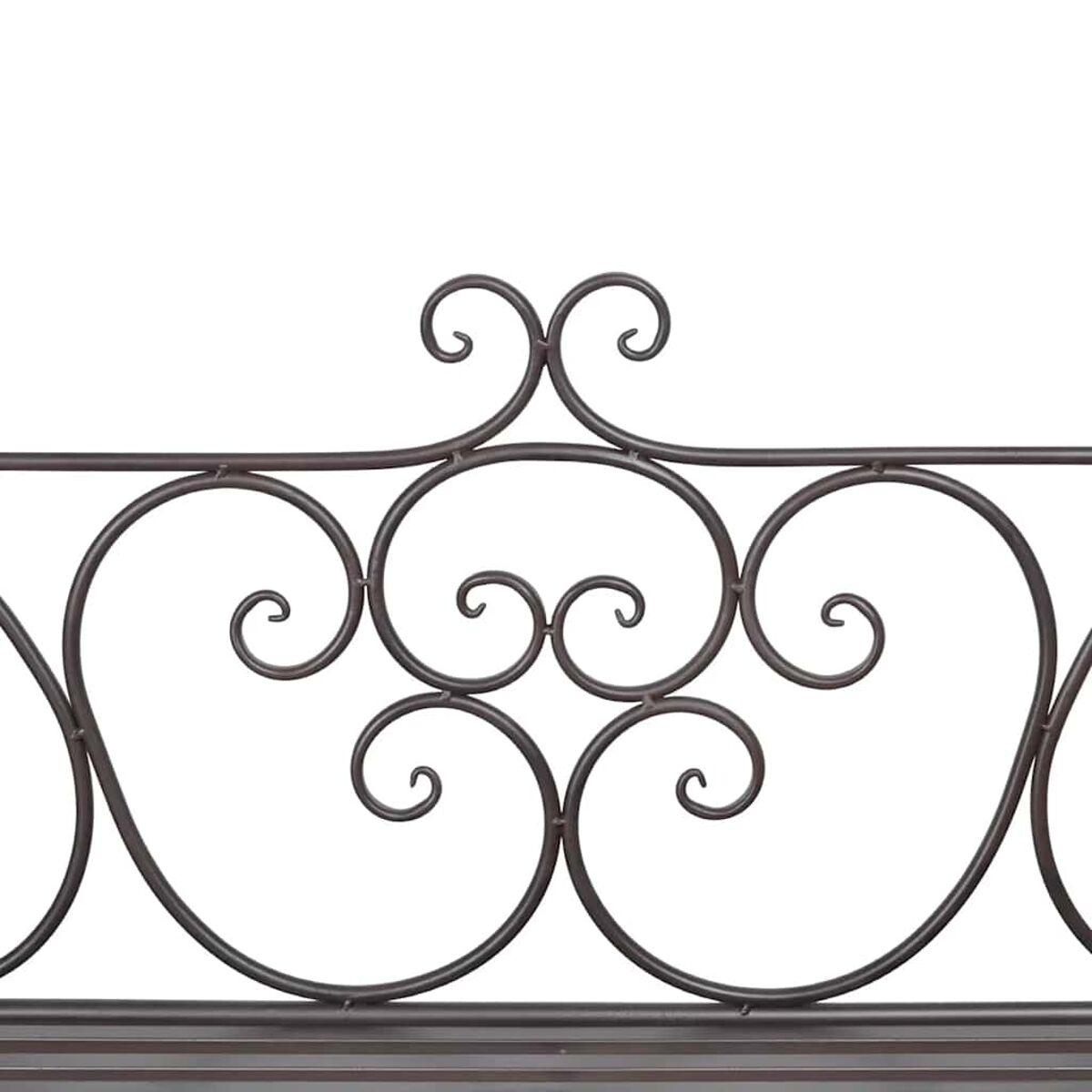 Dekoratives Schmiedeeisenzaun-Element. Merkmale: gerolltes Design in Dunkelbraun vor weißem Hintergrund.