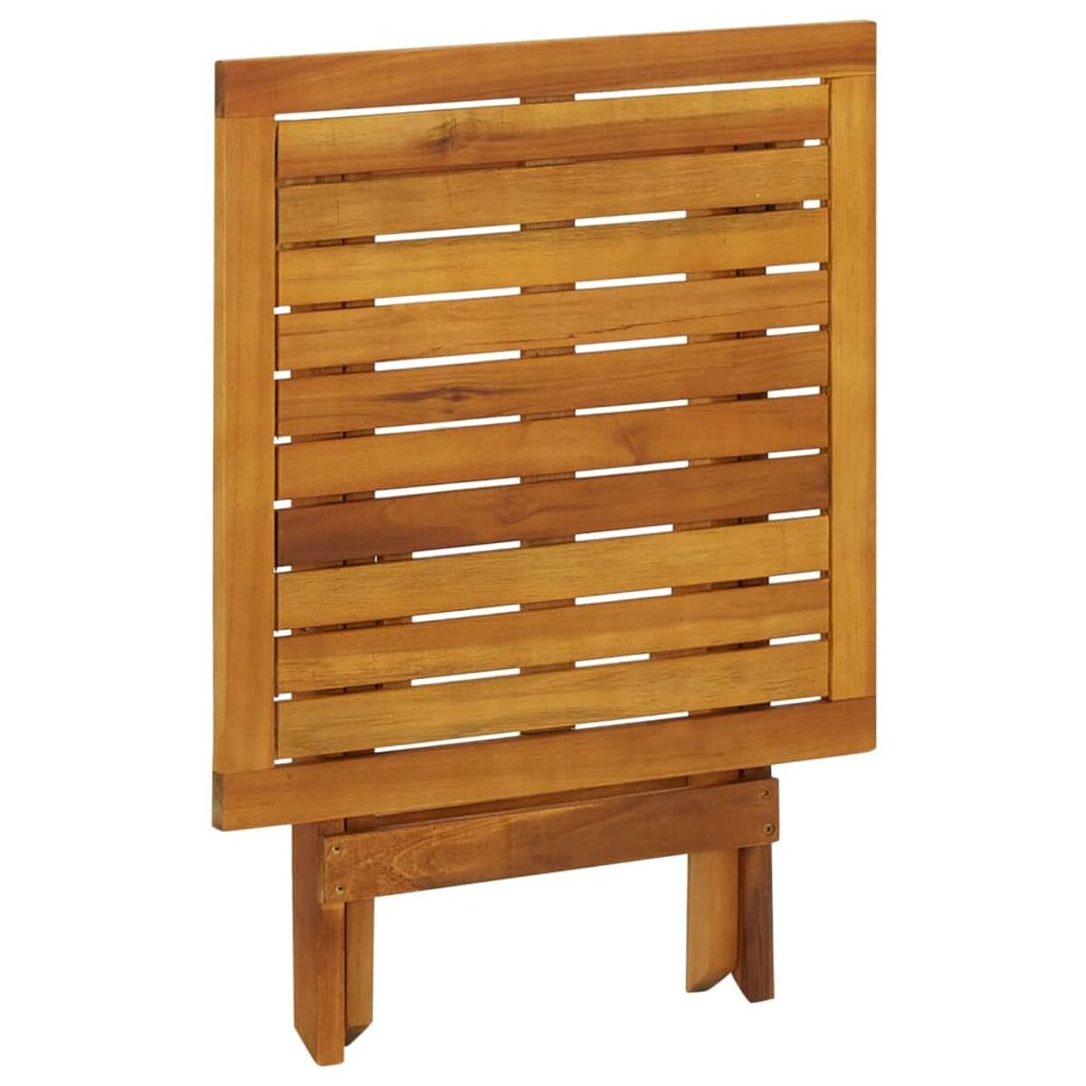 Brauner, zusammenklappbarer Holztisch mit horizontalen Lamellen. Die Beine sind gefaltet.