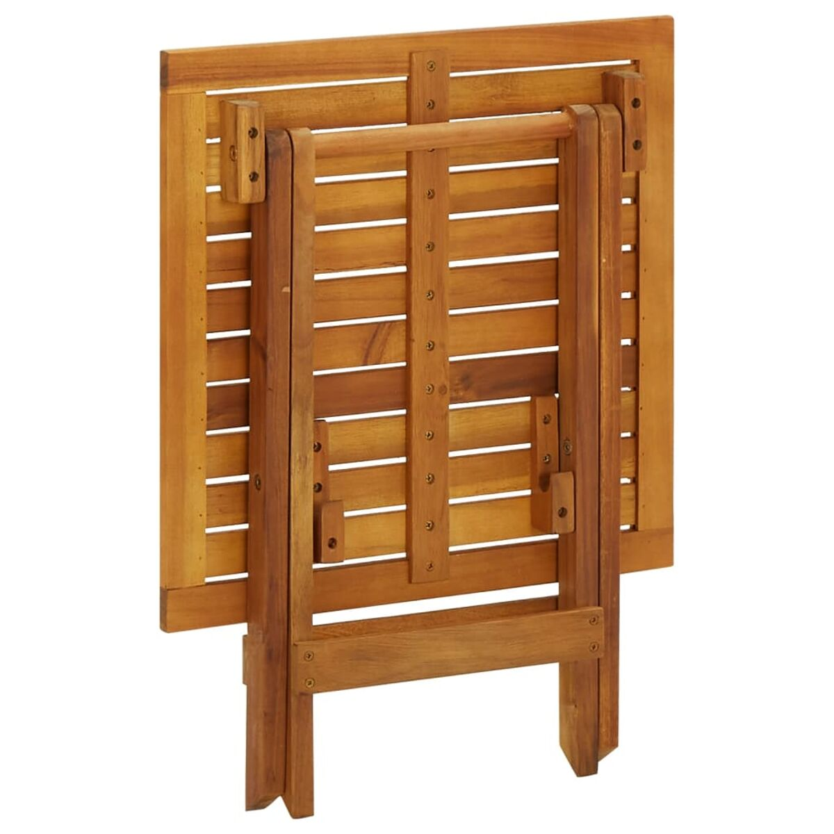 Ein zusammengeklappter quadratischer Holztisch, der die Unterseite und den Klappmechanismus zeigt.