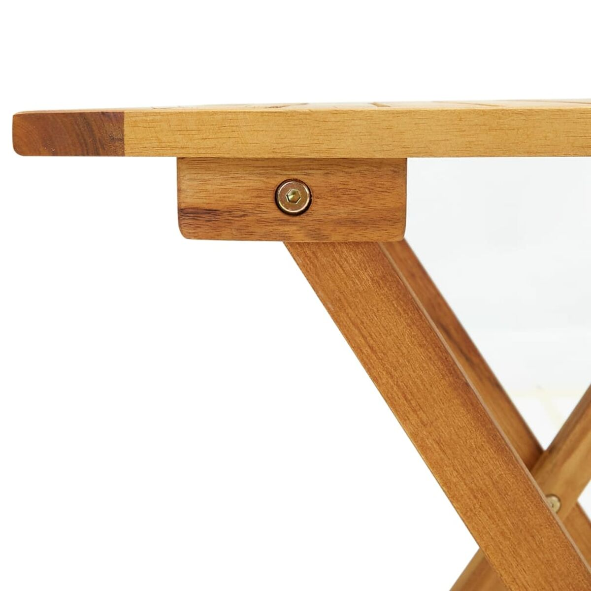 Ecke eines hölzernen Klapptisches. Eine Schraube sichert das Holz an der Ecke.