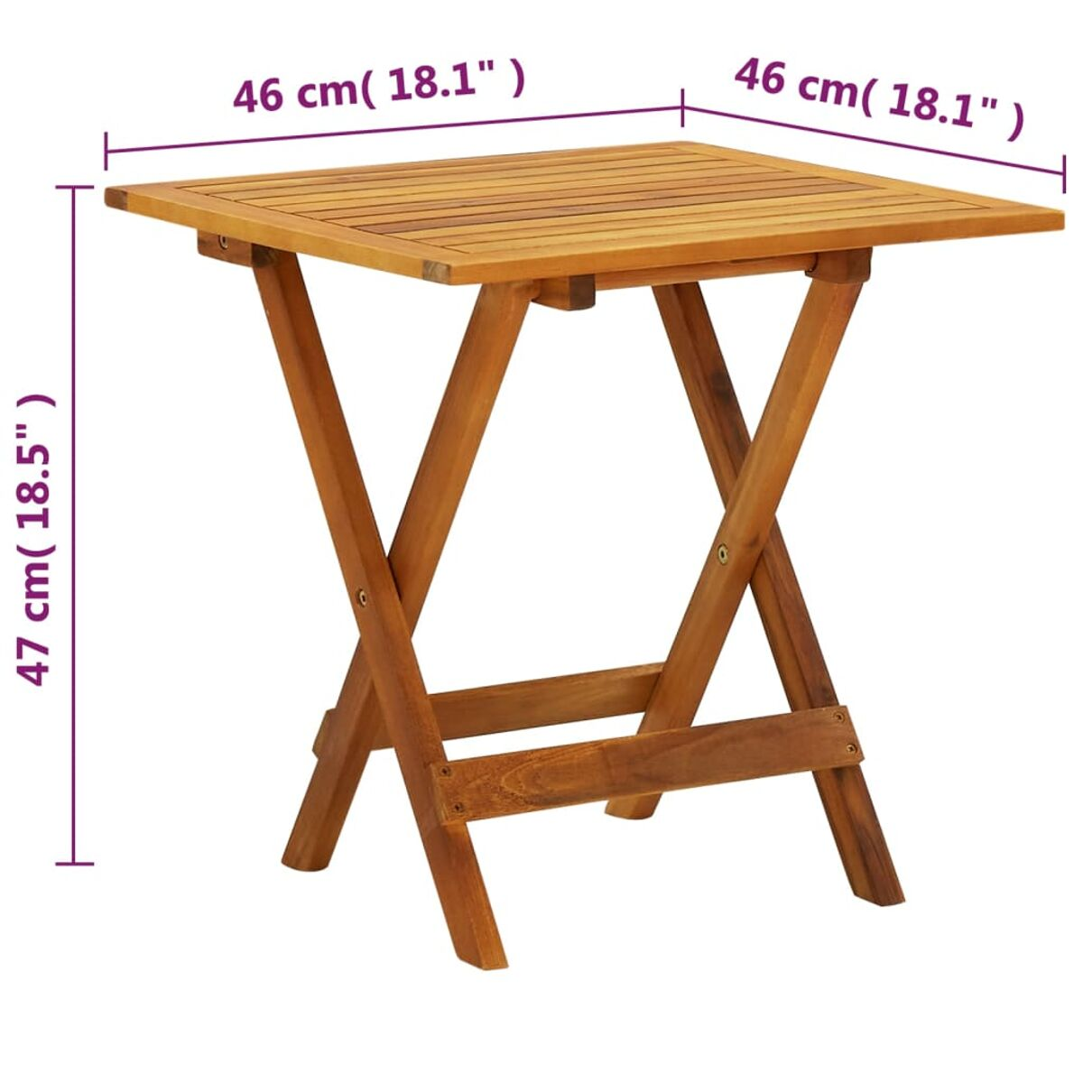 Klapptisch aus Holz, braun, quadratisch, mit Maßangaben.