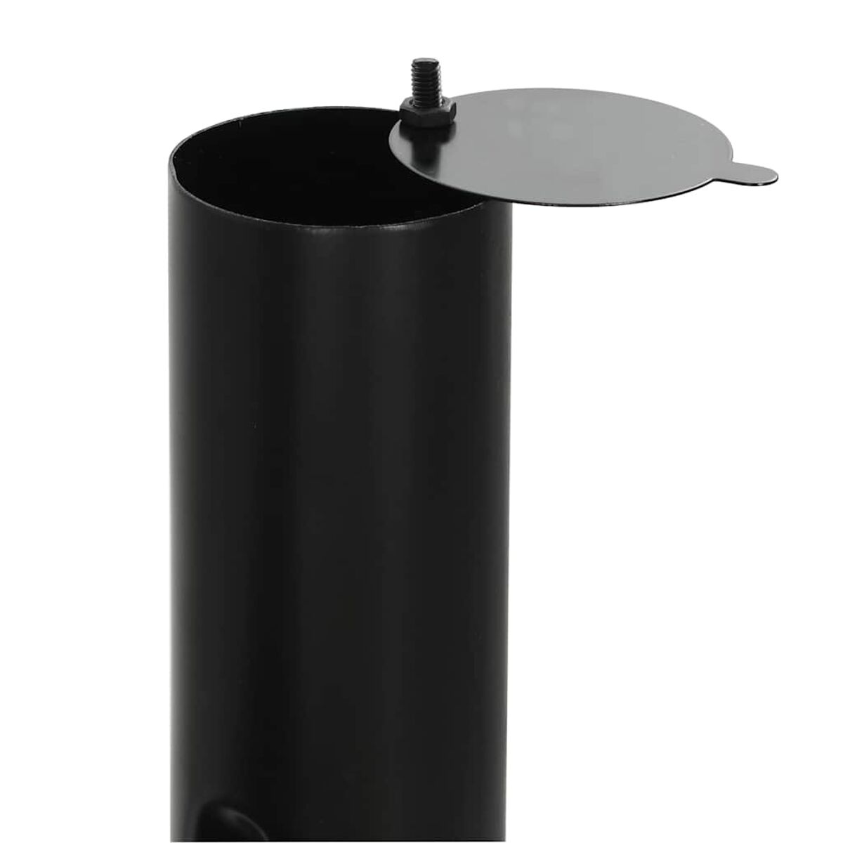 Tubo di metallo nero con coperchio nero. Il coperchio è aperto, rivelando l'interno del tubo.