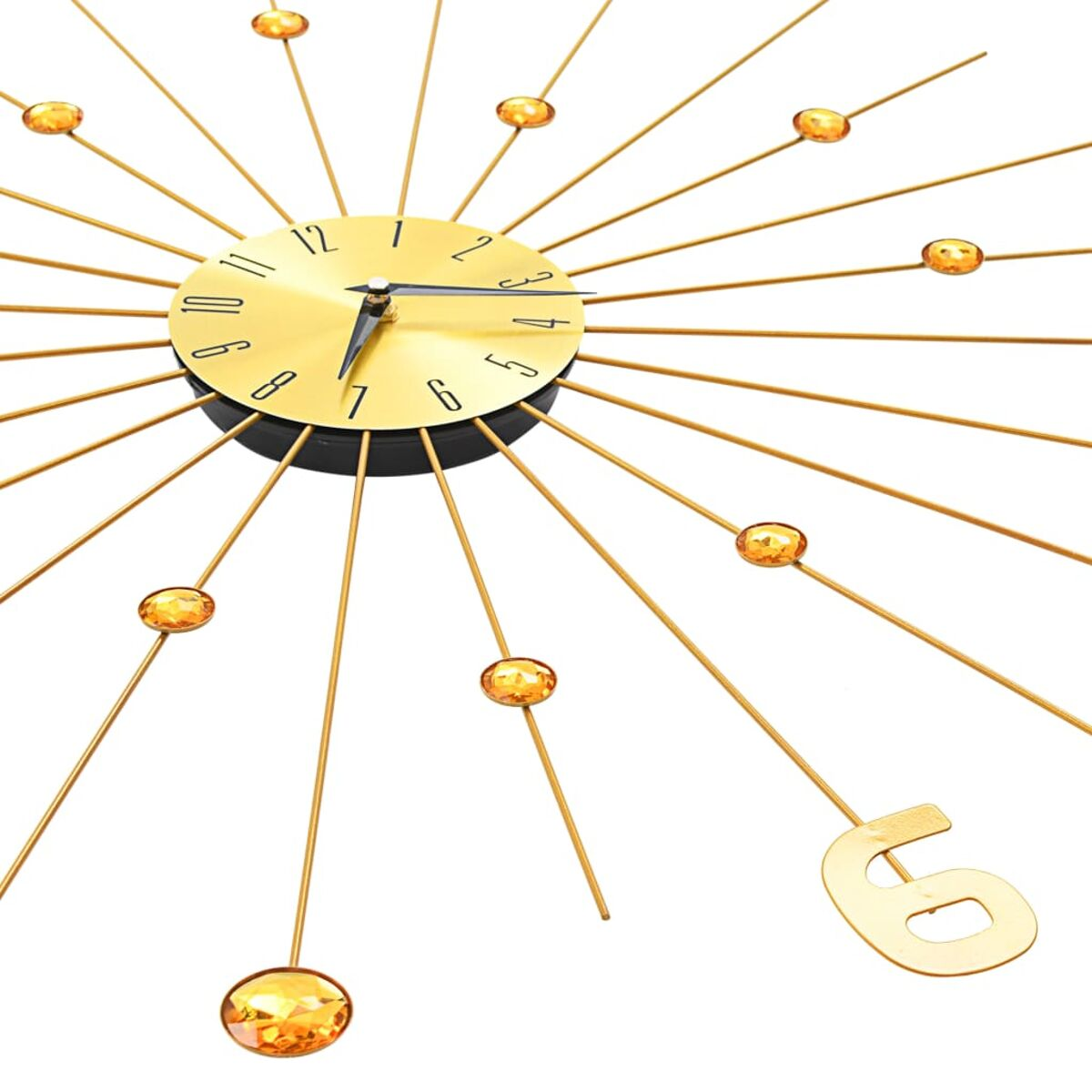 Goldfarbene Wanduhr mit goldenen Akzenten und orangefarbenen Juwelen. Die Uhr zeigt 1:00 Uhr.