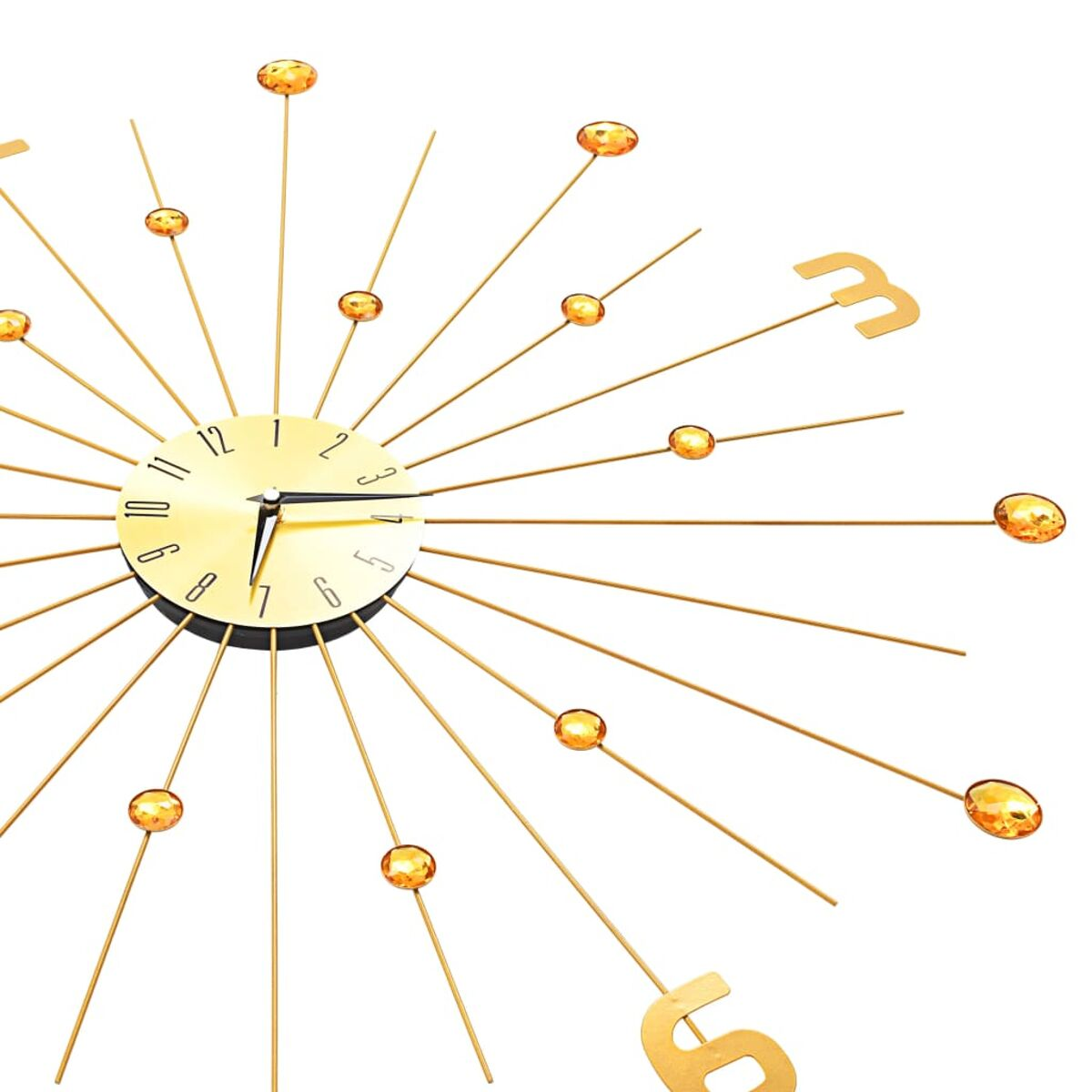 Eine goldene Uhr mit radialen Armen, goldenen Zahlen und orangefarbenen Edelsteinen.