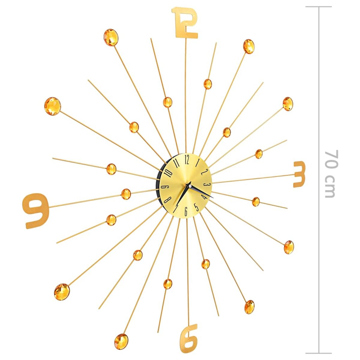 Eine goldene Wanduhr im Sternenmuster. Zahlen und Kristalle strahlen vom Zentrum aus.