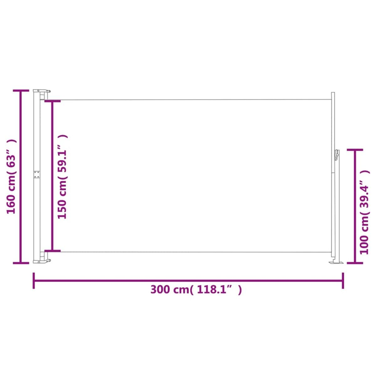 Ein Diagramm einer 300 cm langen, weißen Struktur. Beschriftungen zeigen die Abmessungen in cm und Zoll.