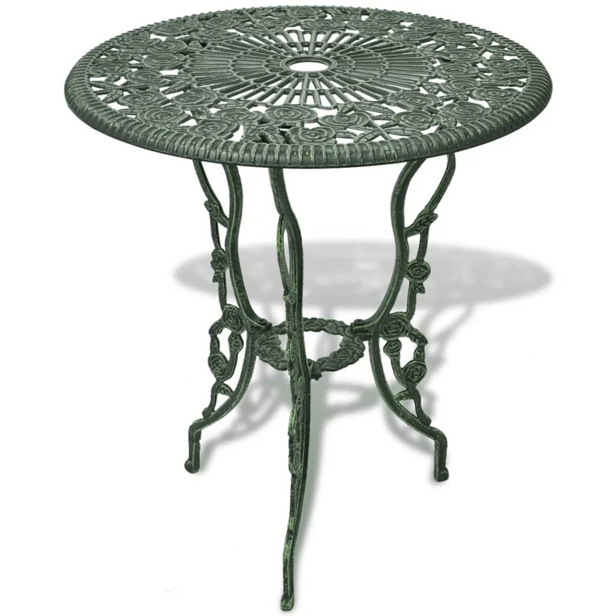 Runder, verzierter, dunkelgrüner Metalltisch mit Blumendesign. Der Hintergrund ist weiß.