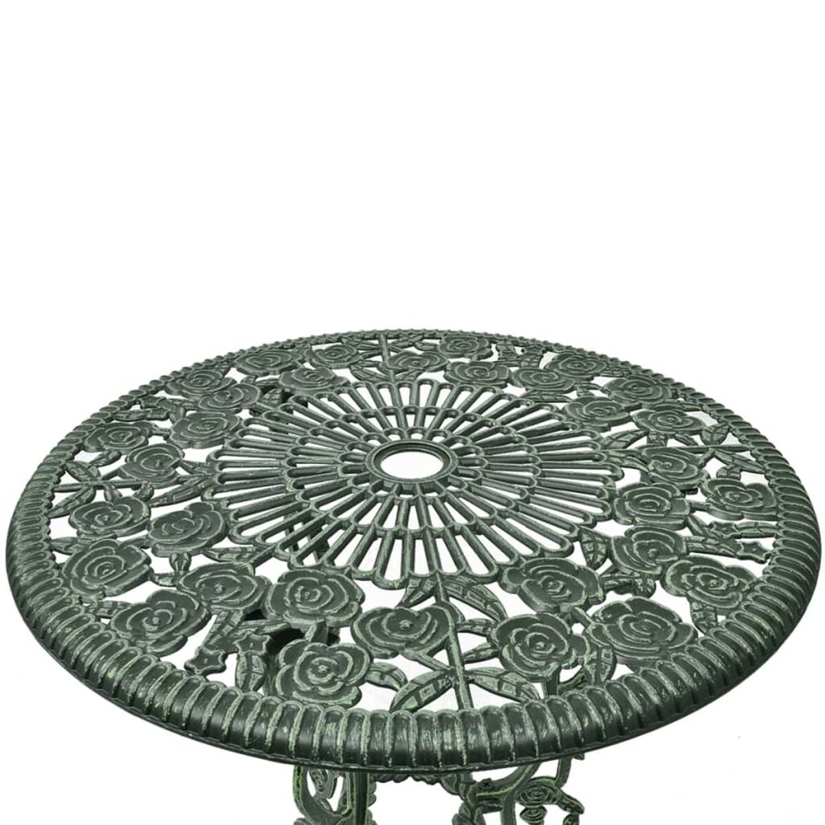 Ein runder Metall-Gartentisch mit floralem Design. Der Tisch ist grün.