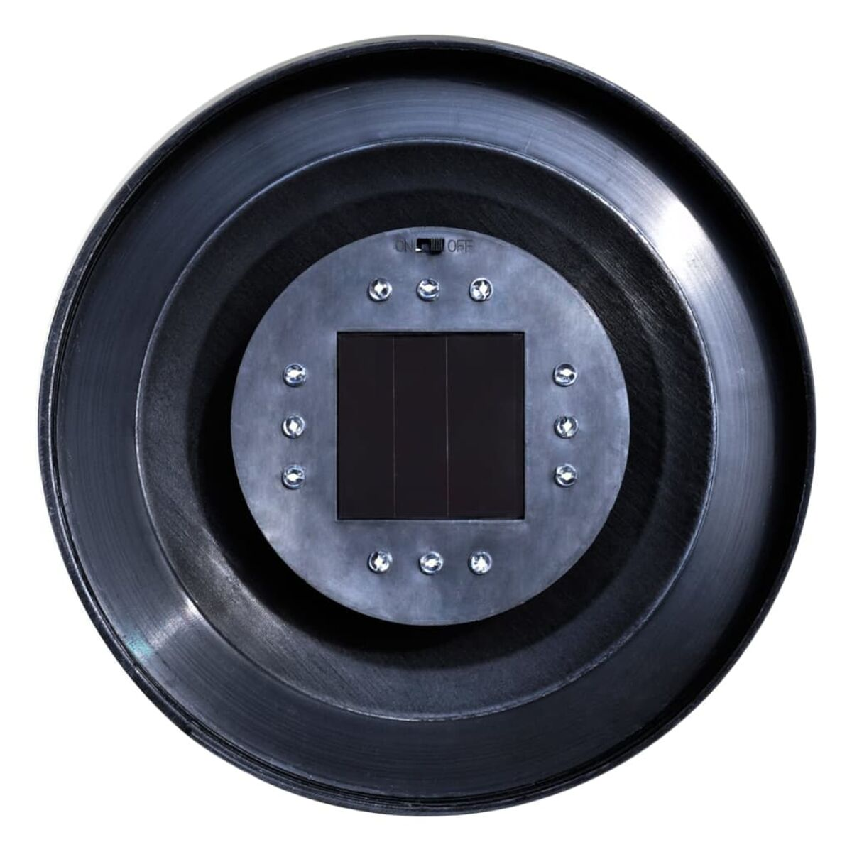 Rundes schwarzes Solarpanel mit Ein/Aus-Schalter und Schraubendetails.
