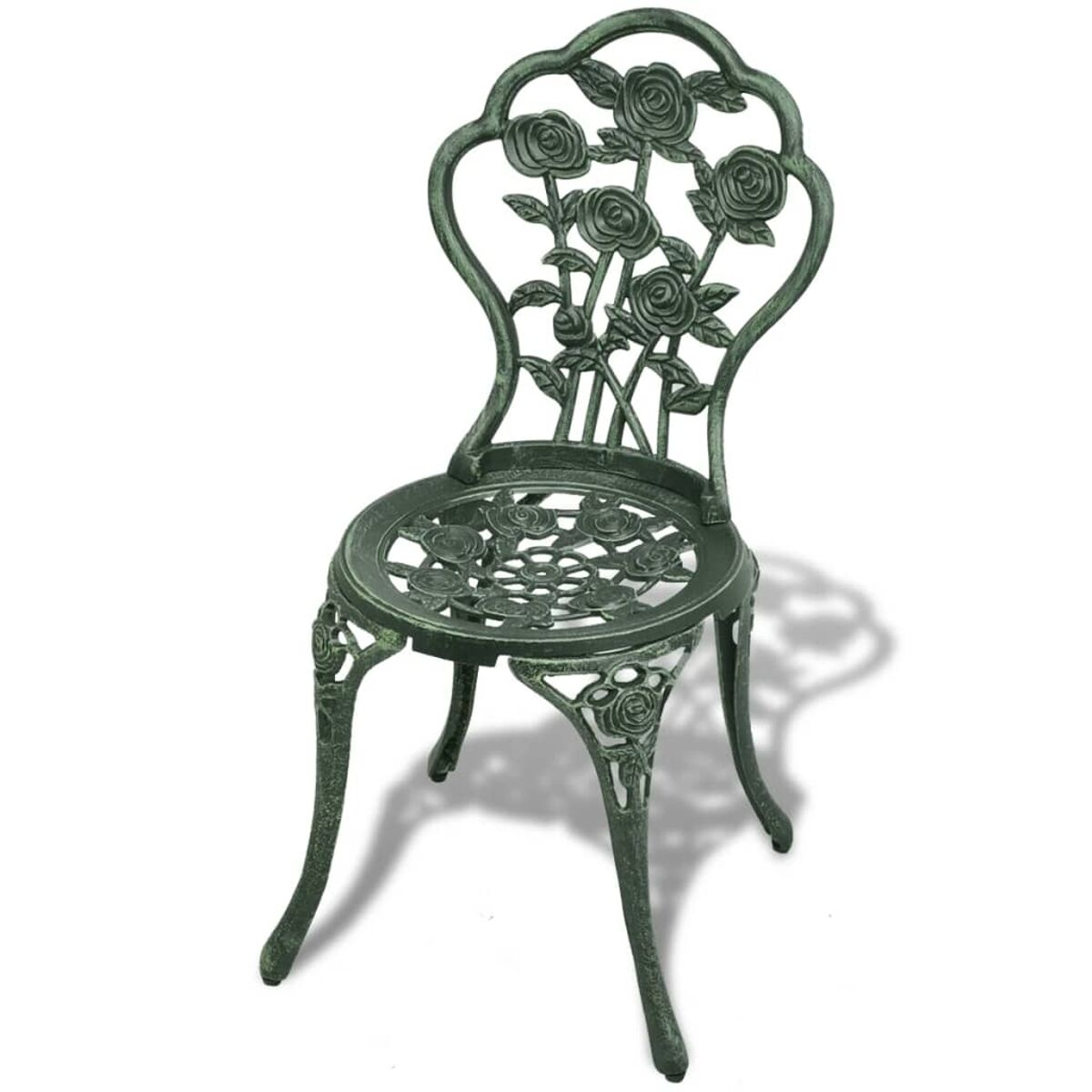 Grüner Metallstuhl mit Rosenmuster auf Rücken und Sitzfläche.