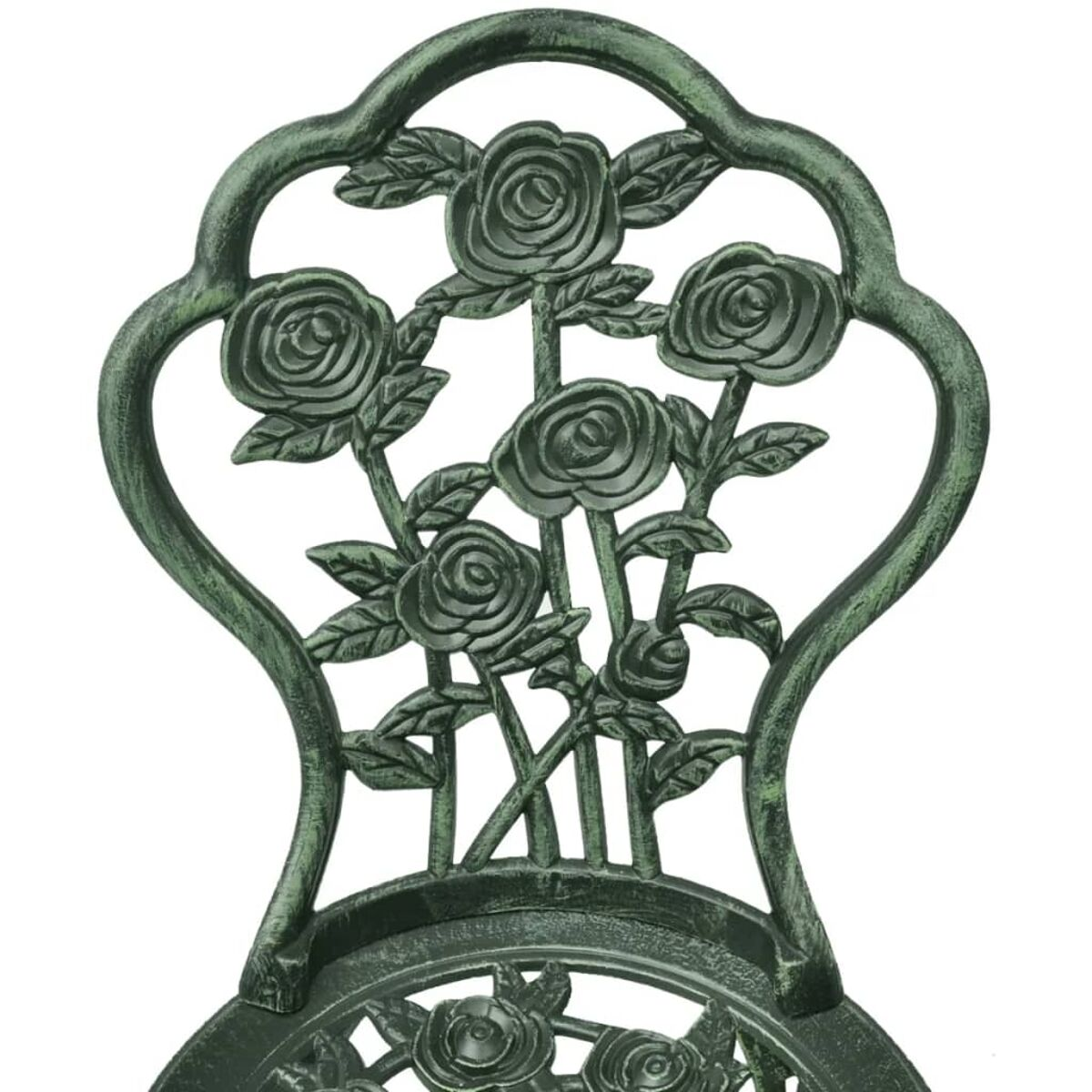Nahaufnahme eines grünen Metall-Gartenschlauchhalters mit Rosendekorationen.
