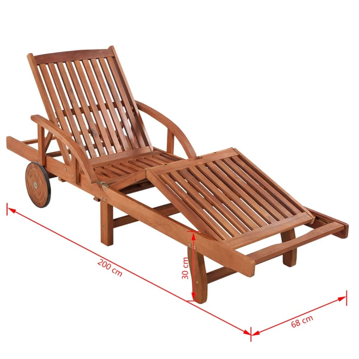Sonnenliege aus Holz mit Rädern. Abmessungen werden angezeigt. Weißer Hintergrund. Latten-Design.