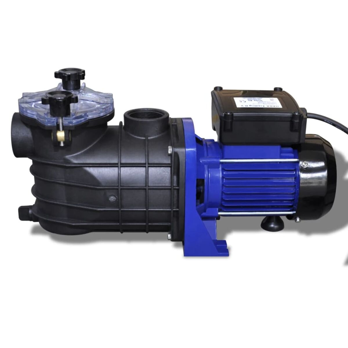 Eine Poolpumpe, schwarz und blau, isoliert auf Weiß. Enthält Motor, Filter und Klarsichtdeckel.