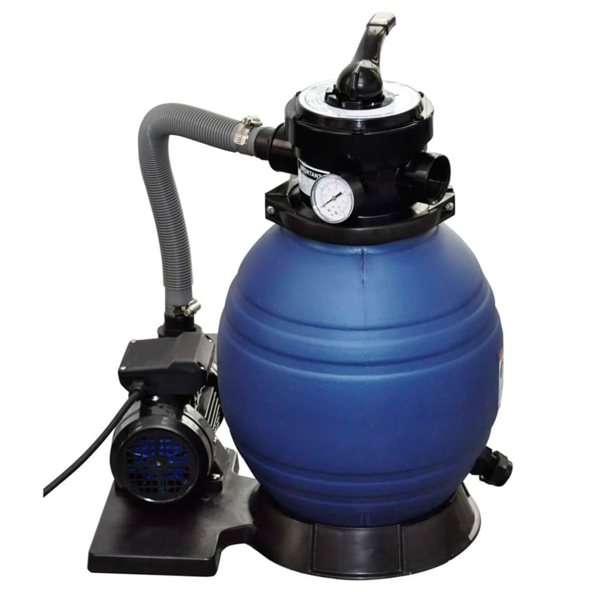 Ein blauer Poolfilter mit einer schwarzen Pumpe. Der Filter steht auf einem schwarzen Sockel. Ein Messgerät ist sichtbar.