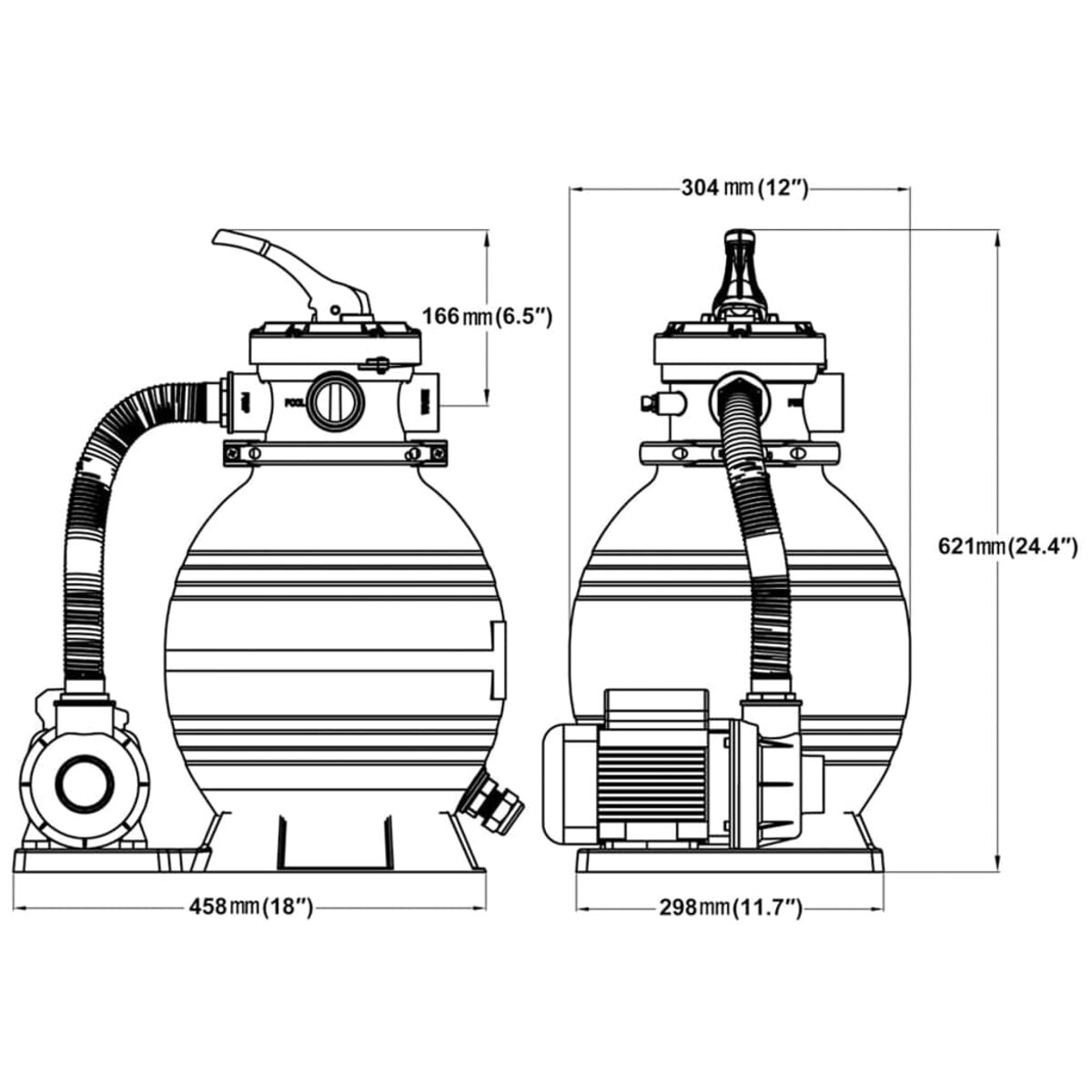 Diagramm eines Poolfiltersystems. Enthält Filter, Pumpe und angeschlossene Schläuche.