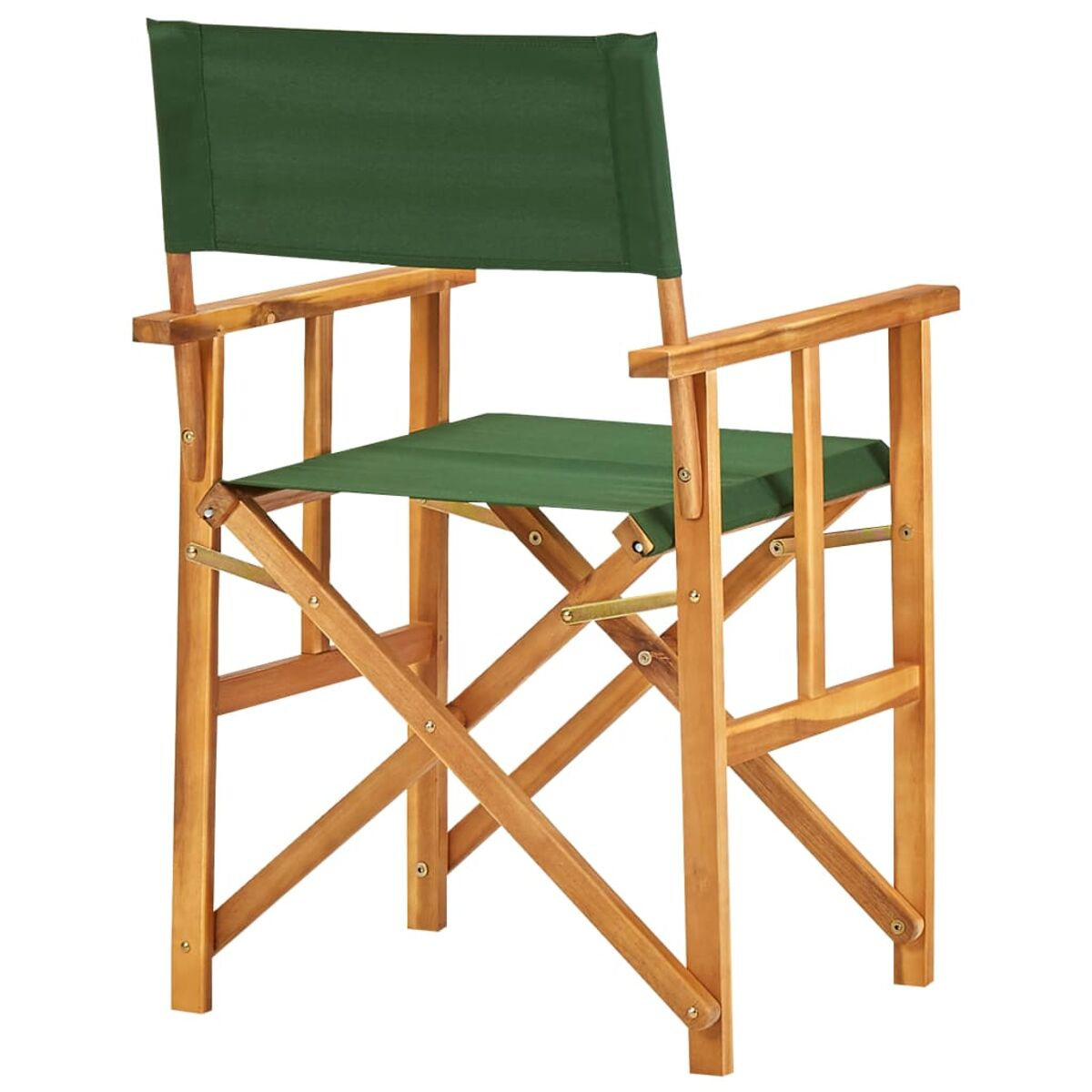 Ein Regiestuhl. Grüner Stoffbezug und Rücken, braunes Holzgestell mit Armlehnen.