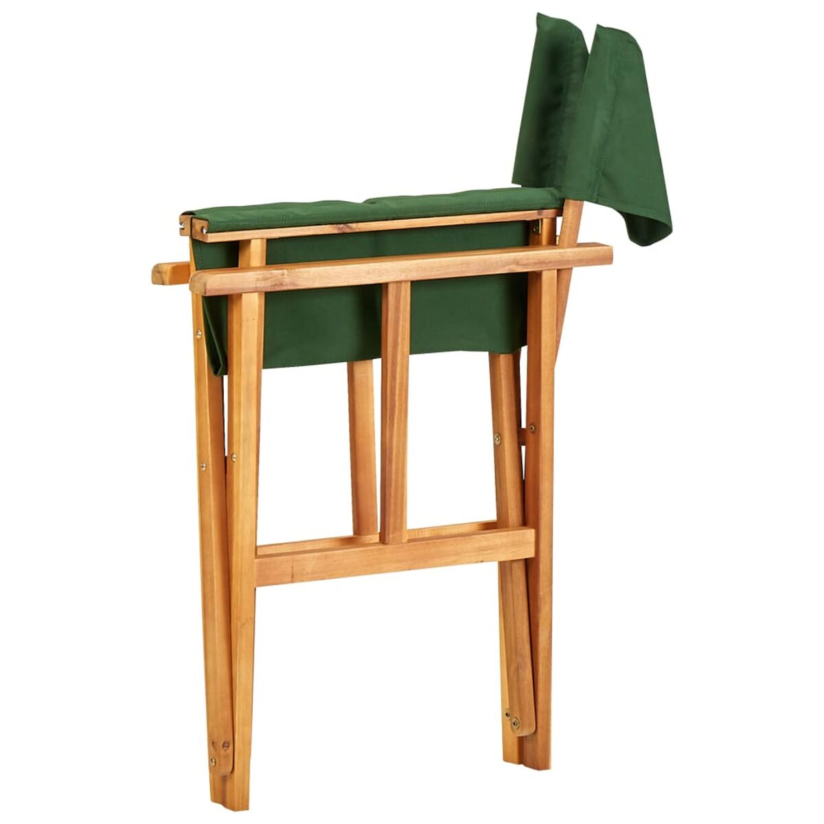 Klappstuhl aus Holz. Sitz und Rückenlehne aus grünem Stoff. Zusammengeklappt und geschlossen.