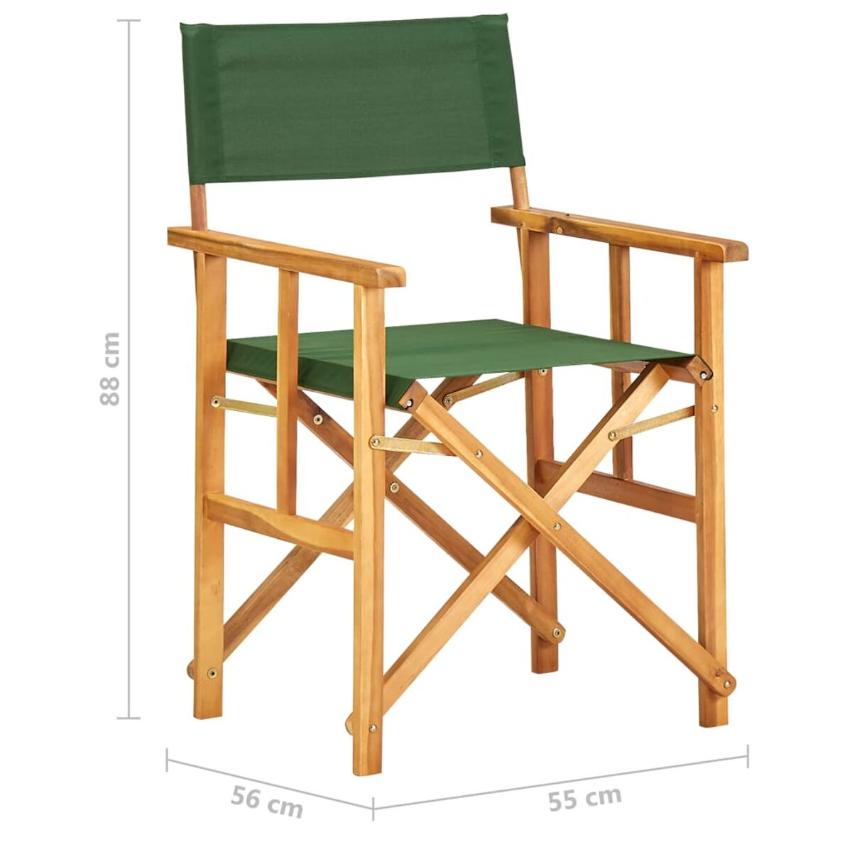 Regiestuhl aus Holz mit grünem Canvas-Sitz und Rückenlehne. Abmessungen gezeigt.