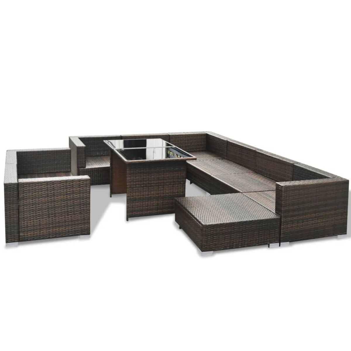 Braunes Rattan-Gartenmöbel-Set mit Tisch und Ecksofa.
