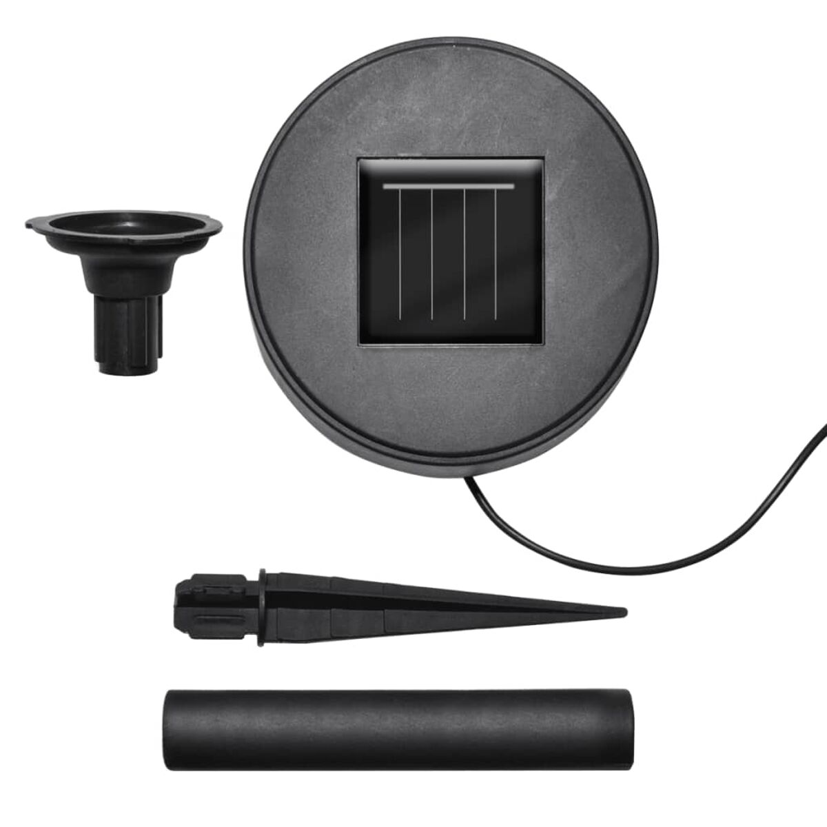 Schwarze Solar-Gartenlichtkomponenten. Enthält ein Solarpanel, einen Pfahl und einen schwarzen Körper.