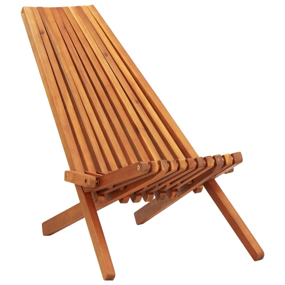 Klappstuhl aus Holz, mit Latten-Sitz und Rückenlehne, nach hinten gelehnt.
