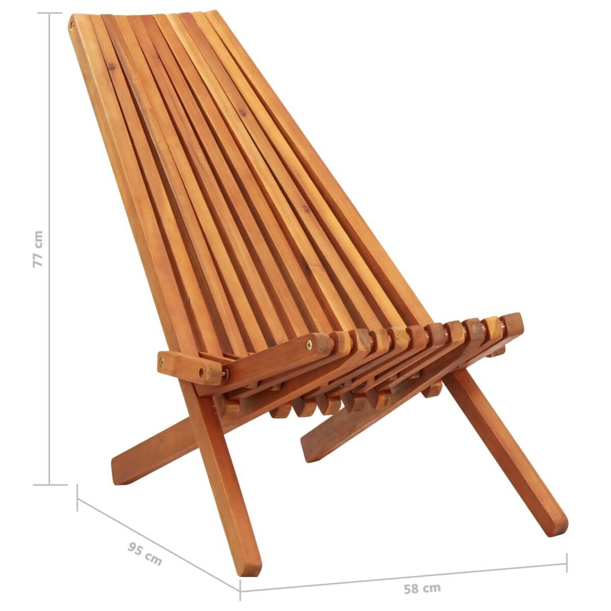 Klappstuhl aus Holz, vollständig geöffnet. Braun, mit Maßangaben: 95x58x77 cm.