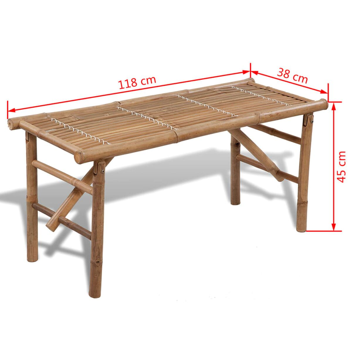 Sonnenliege aus Bambus mit den Maßen 118 cm, 38 cm und 45 cm.