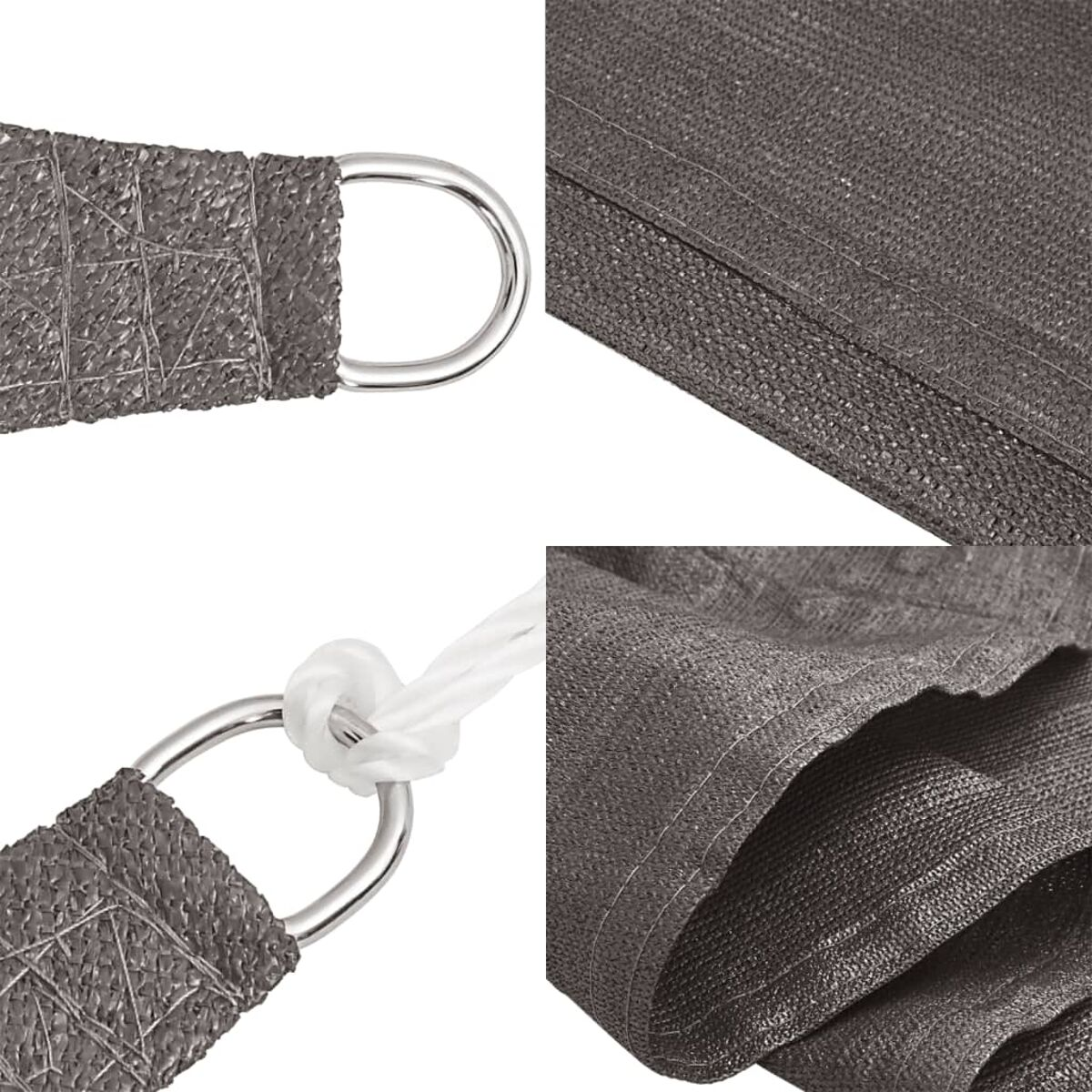 Nahaufnahmen eines grauen Sonnensegels mit Metallringen und einem Seilknoten.