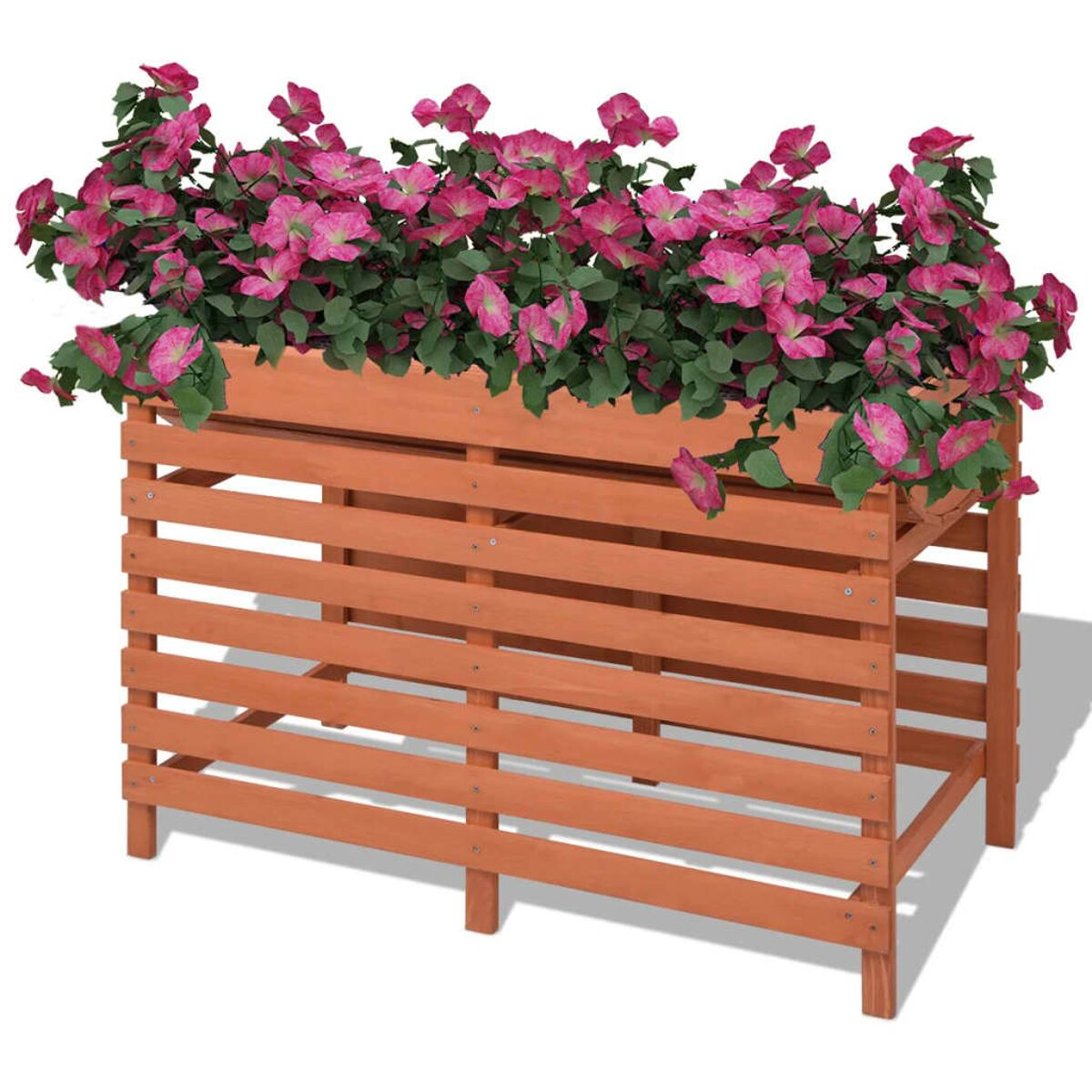 Holz-Pflanzkasten mit rosa Blumen gefüllt. Braunes Holz, Lattenseiten.