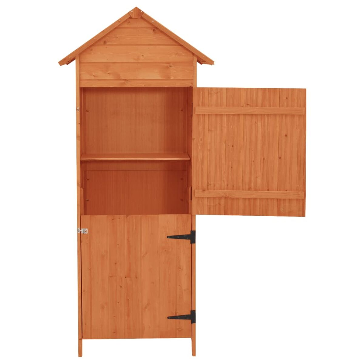 Holzschrank mit offener Tür, die Regale im Inneren zeigt. Er hat ein Satteldach.