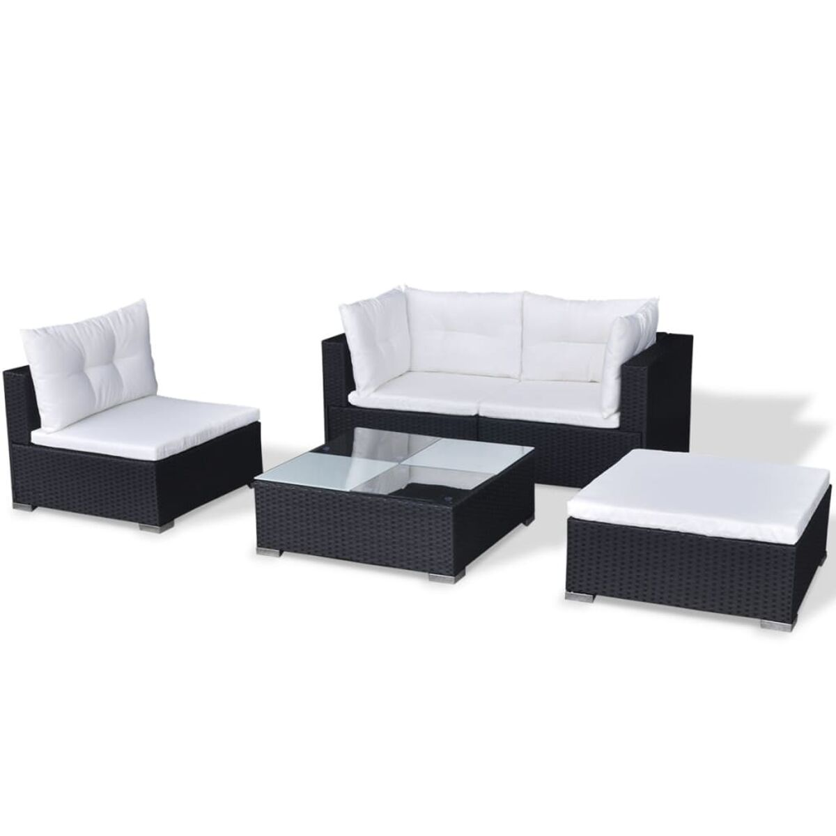 Schwarzes Rattan-Gartenmöbel-Set: Sofa, Sessel, Tisch und Hocker mit weißen Kissen.