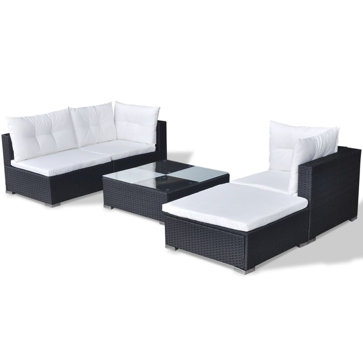 Ein schwarzes und weißes Gartenmöbel-Set. Der Hintergrund ist weiß.
