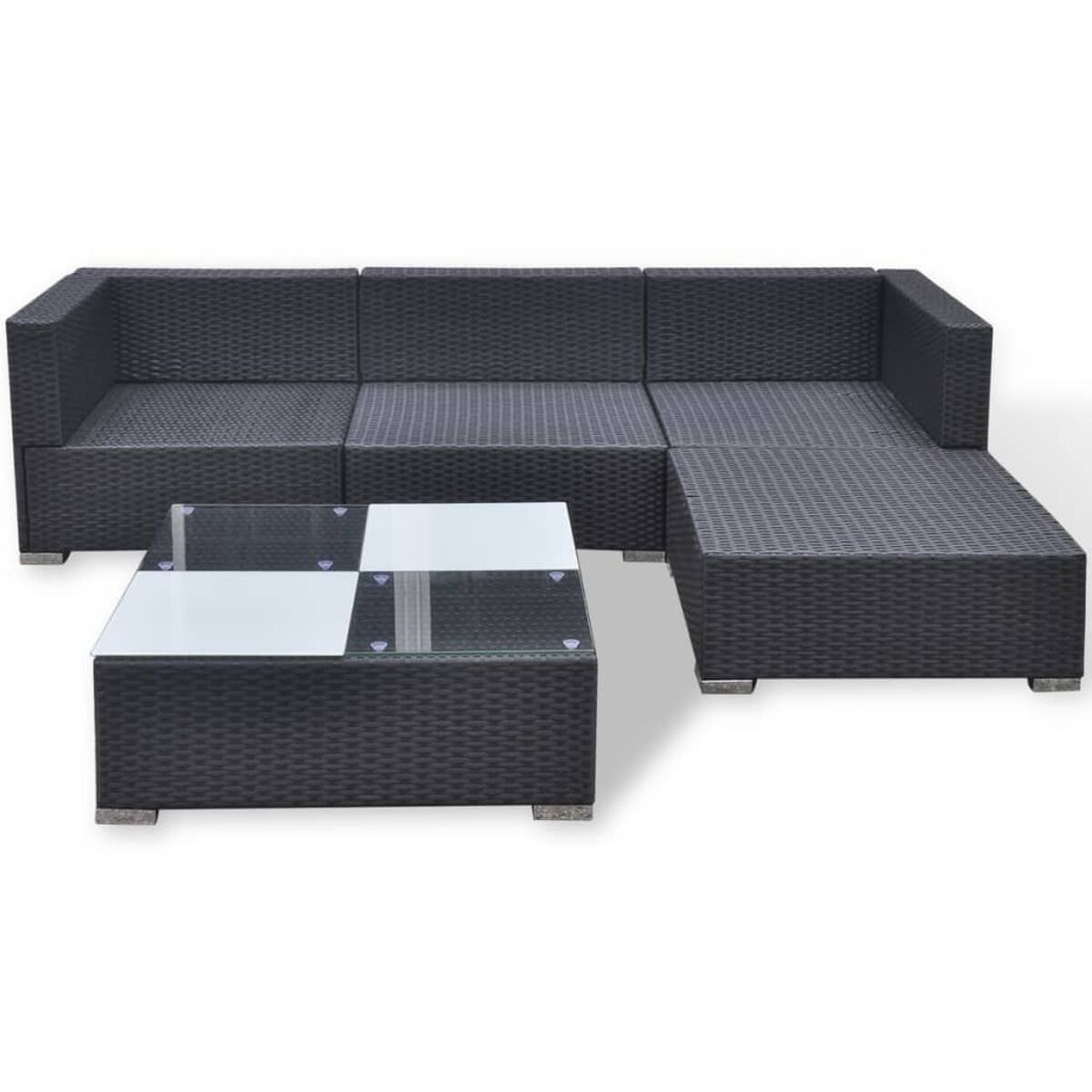 Dunkelgrauer, gewebter Outdoor-Schnitt mit Couchtisch. Glasplatte. Weißer Hintergrund.