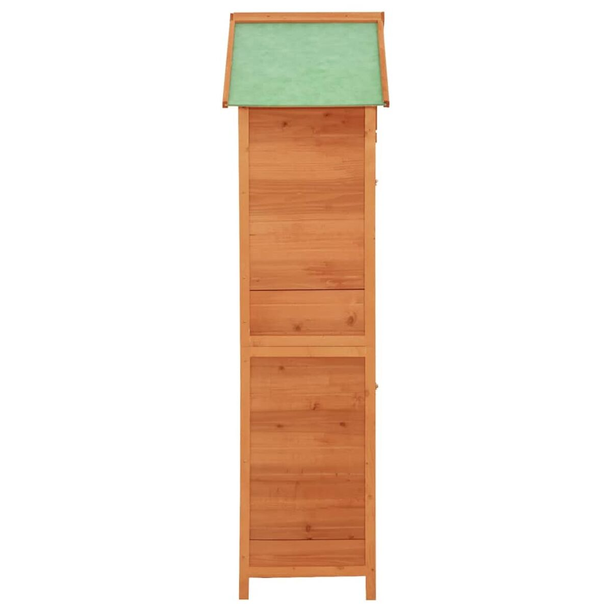 Holzschrank mit grünem Dach. Zwei Türen unten und eine kleinere Tür oben.