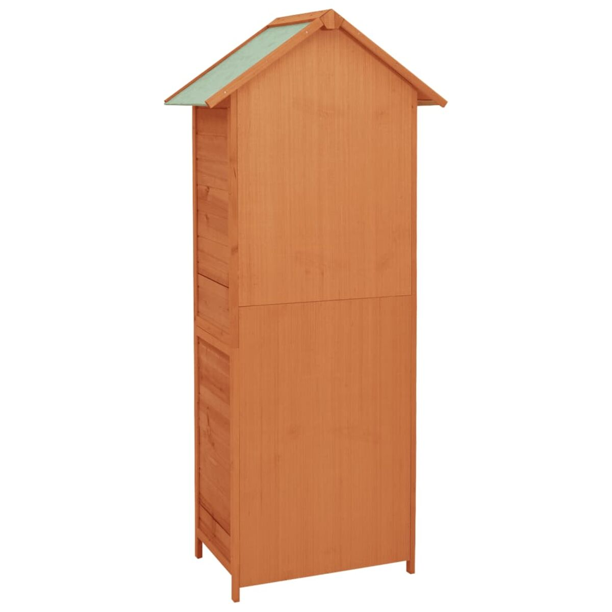 Rückansicht eines Holzschranks mit grünem Dach, vor weißem Hintergrund.