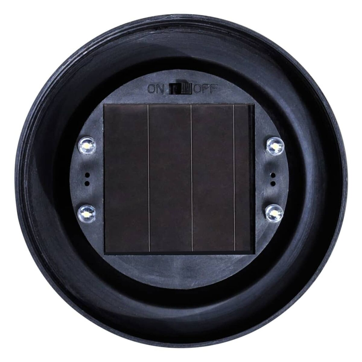 Solarpanel mit vier Lichtern und einem Ein/Aus-Schalter. Schwarze Oberfläche.