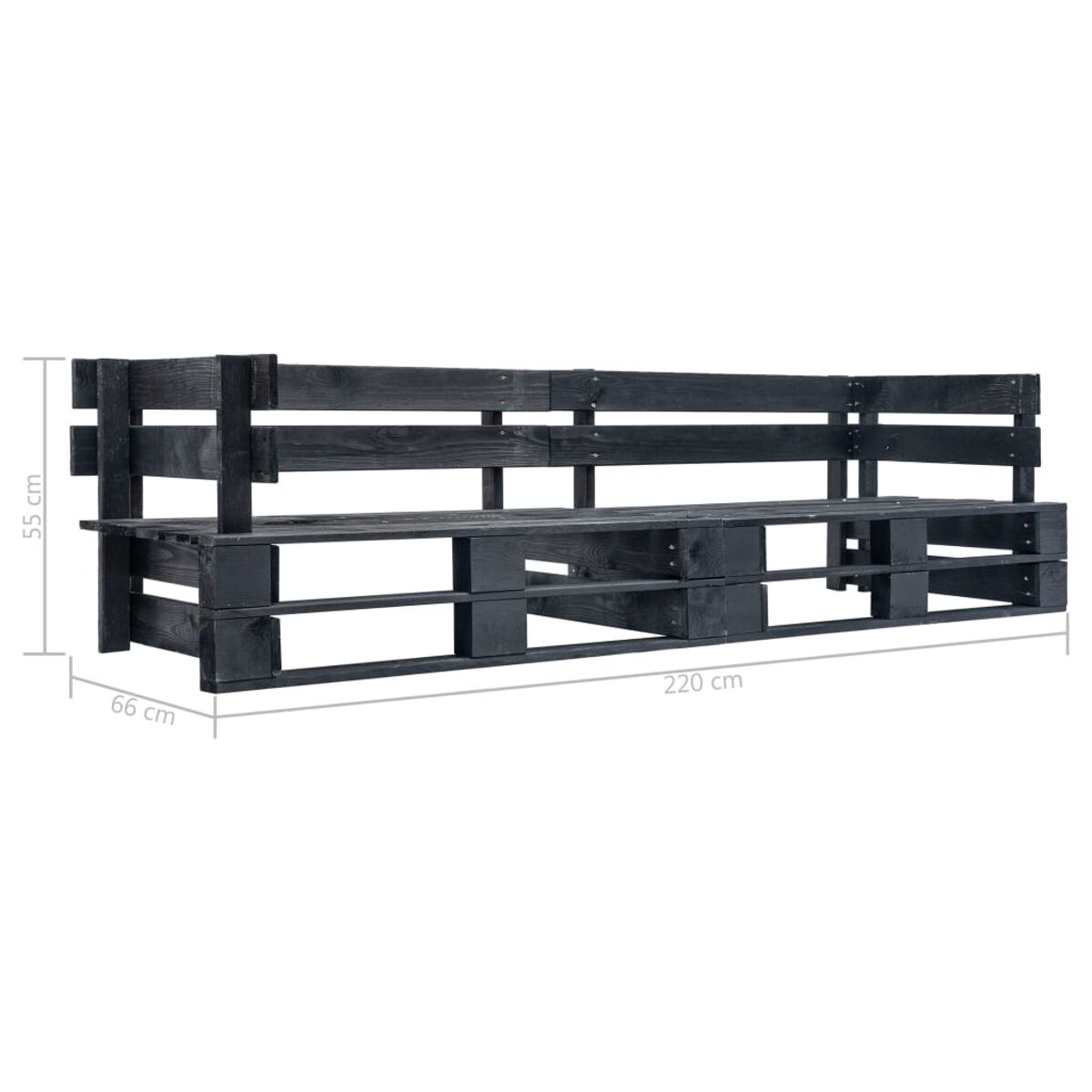 Schwarzes Holzpalettensofa mit Abmessungen vor weißem Hintergrund.
