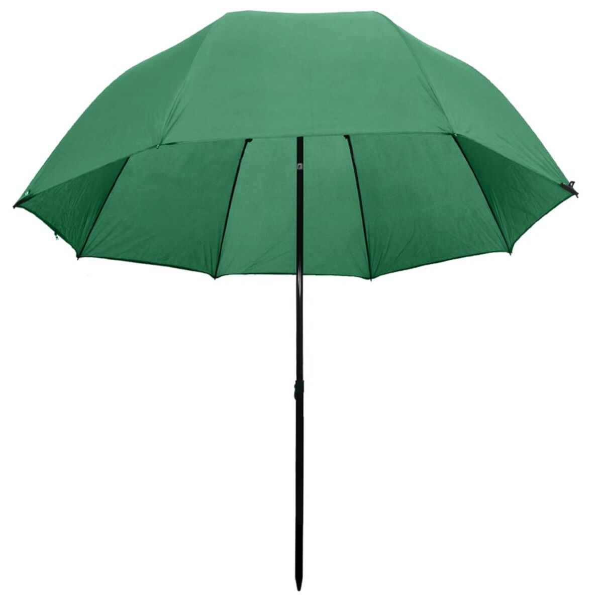 Grüner offener Regenschirm auf weißem Hintergrund. Schwarze Mittelstange und Rippen.