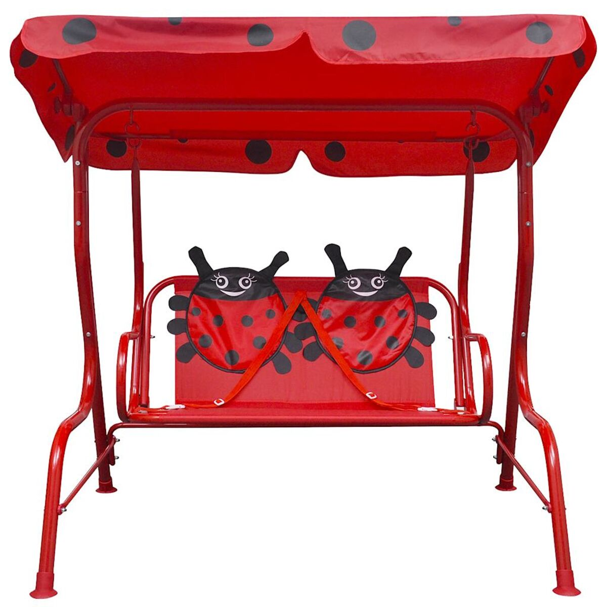 Rotes Schaukelset im Marienkäfer-Design mit zwei Sitzen und einem Verdeck.