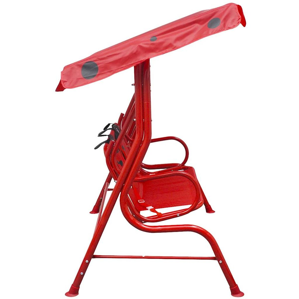 Rotes Schaukelgestell mit einem Baldachin. Es hat ein rotes Gestell und ein rotes Verdeck.