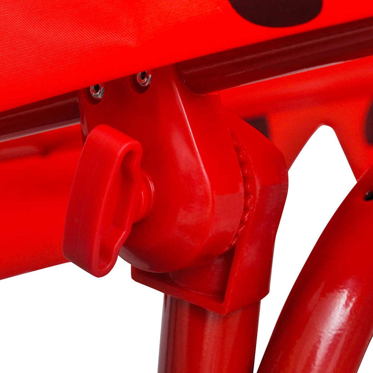 Rotes Stuhlgelenk mit Hebel, Teil einer rot gerahmten Struktur.