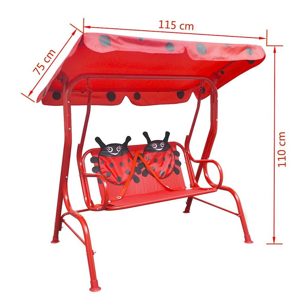 Ein rotes Schaukelset mit Marienkäfer-Design auf dem Baldachin und den Sitzlehnen. Maße angegeben.