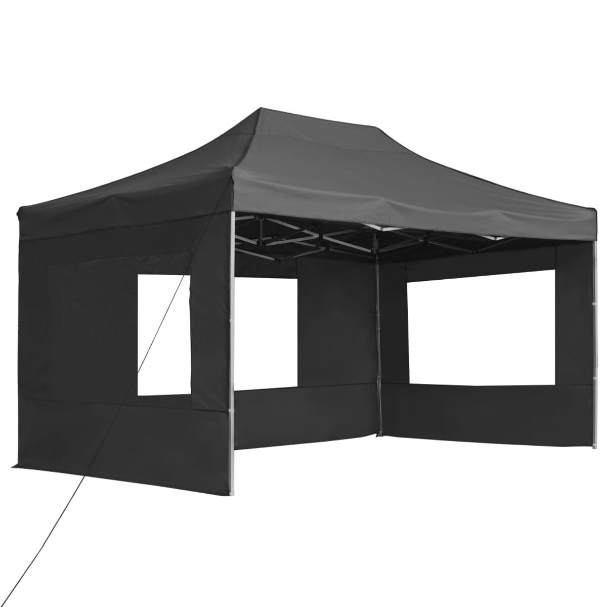 Ein schwarzes Pop-up-Zelt mit offenen Fenstern. Weißer Hintergrund.