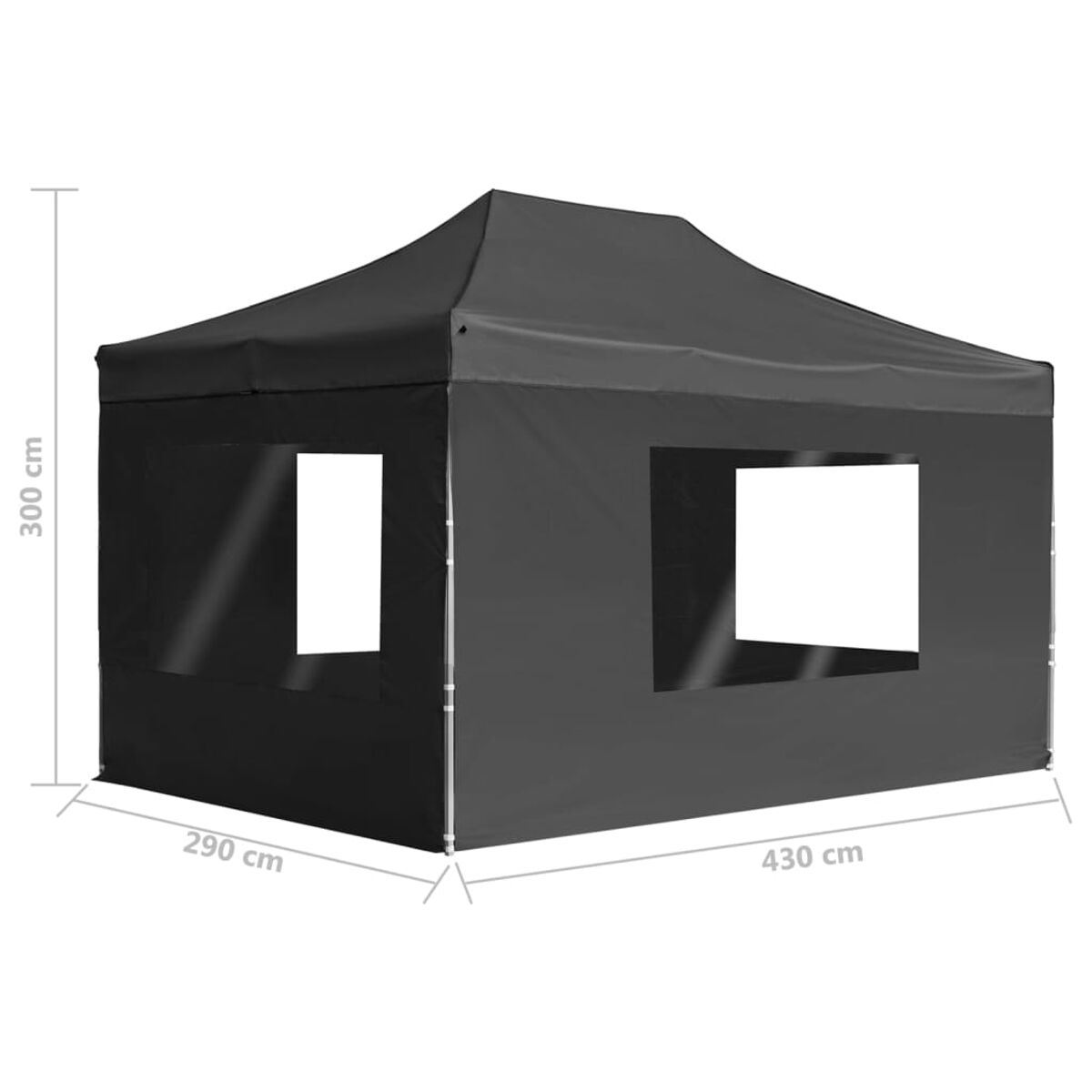 Schwarzer Pop-up-Pavillon mit Fenstern und Abmessungen.